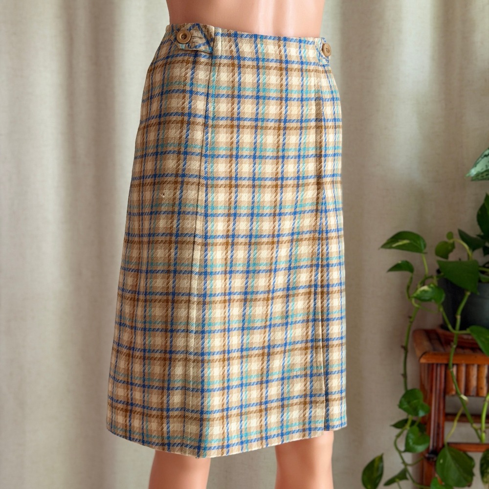 Vtg 70s Young Pendleton Wool Plaid A-Line Skirt Tan Blue Brown Size 9-10 Preppy